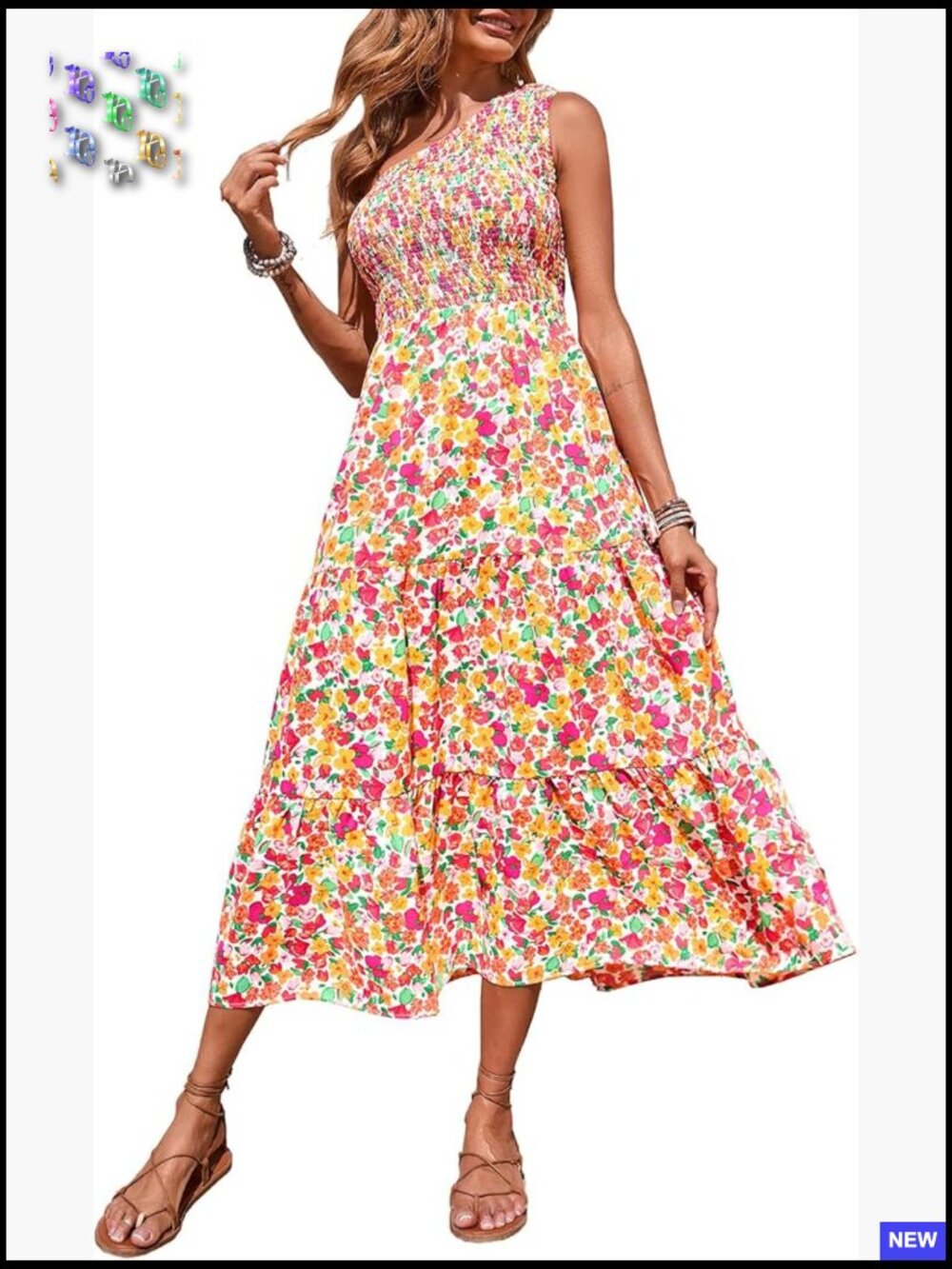 One Shoulder Floral Maxi Dress Boho Smocked Sleeveless Beach Wedding Guest
